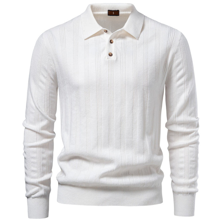 Men's Long Sleeve Fine Knit Polo Shirt with Textured Stripes and Ribbed Hem Mune Fashion