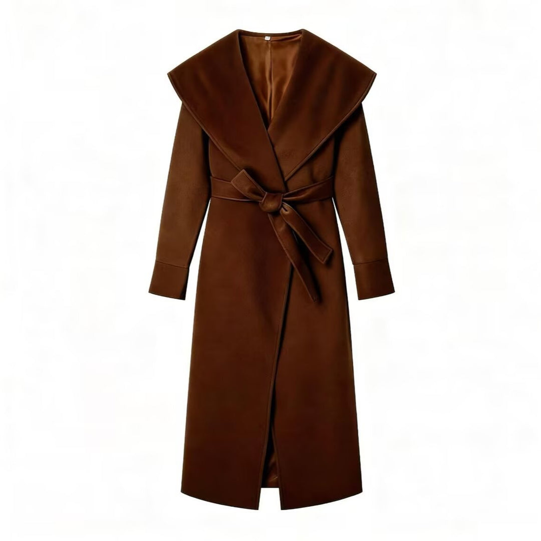 Women Elegant Coat with Oversized Shawl Collar and Tied Belt Mune Fashion