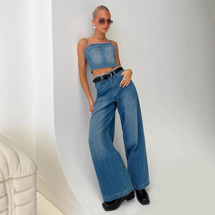 Women's high-waisted wide-leg jeans with raw waist, extra wide leg, and five-pocket design Mune Fashion