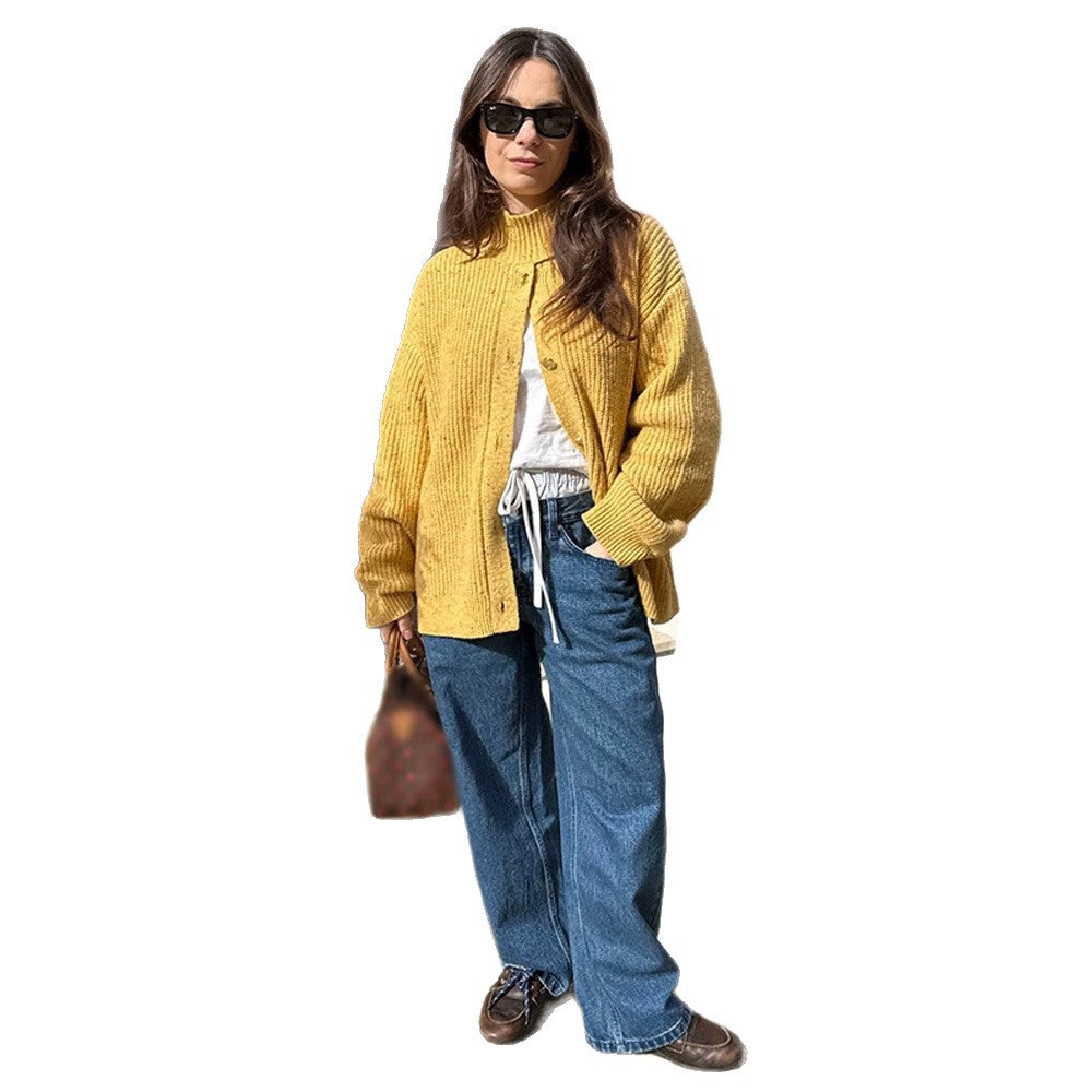 Women Oversize Cardigan with Rib Structure and Stand-Up Collar Mune Fashion