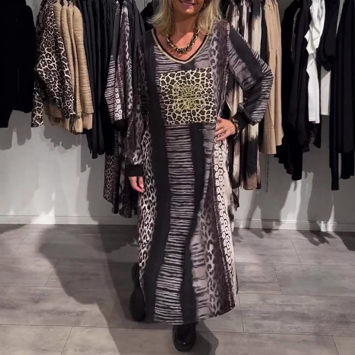 Ladies flowing panel long dress with patchwork animal print and gold-colored chest application Mune Fashion