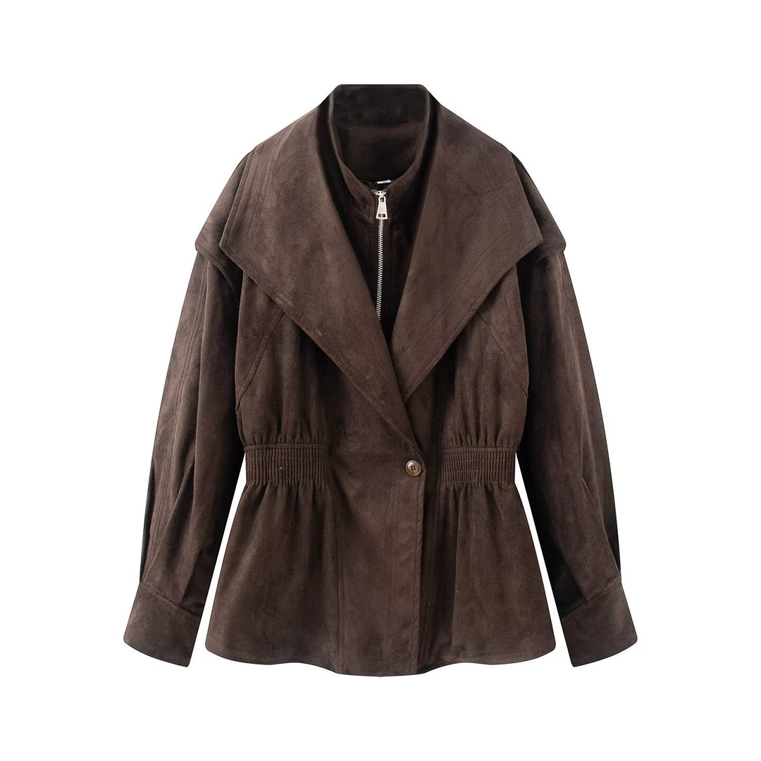 Women's tailored jacket in suede look with large shawl collar, zipper and gathered waist Mune Fashion