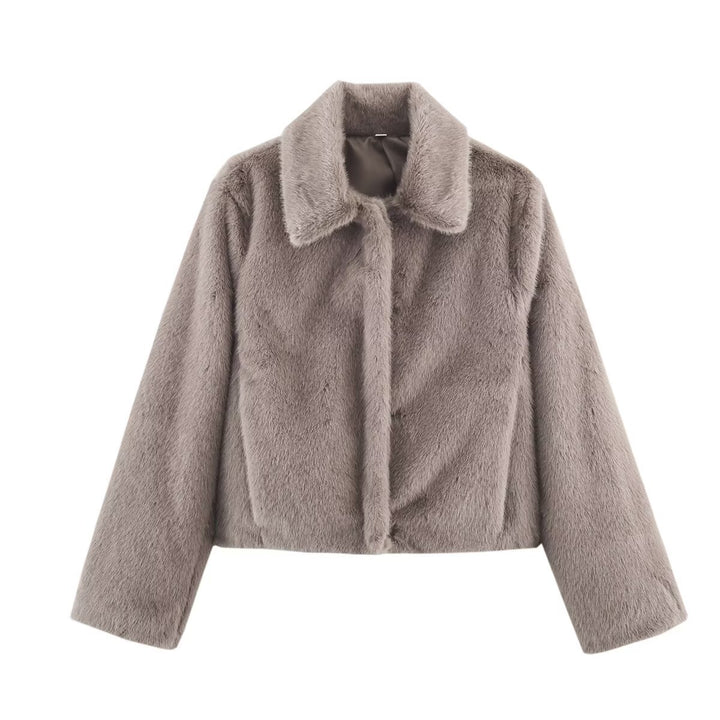 Women's Cropped Faux Fur Blouson with Lapel Collar and Soft Teddy Faux Fur Mune Fashion
