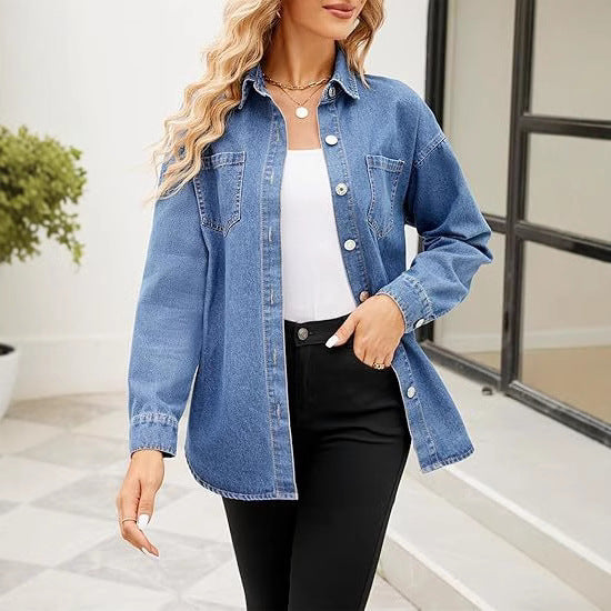 Women’s Oversized Denim Shirt with Button Placket and Chest Pockets Mune Fashion