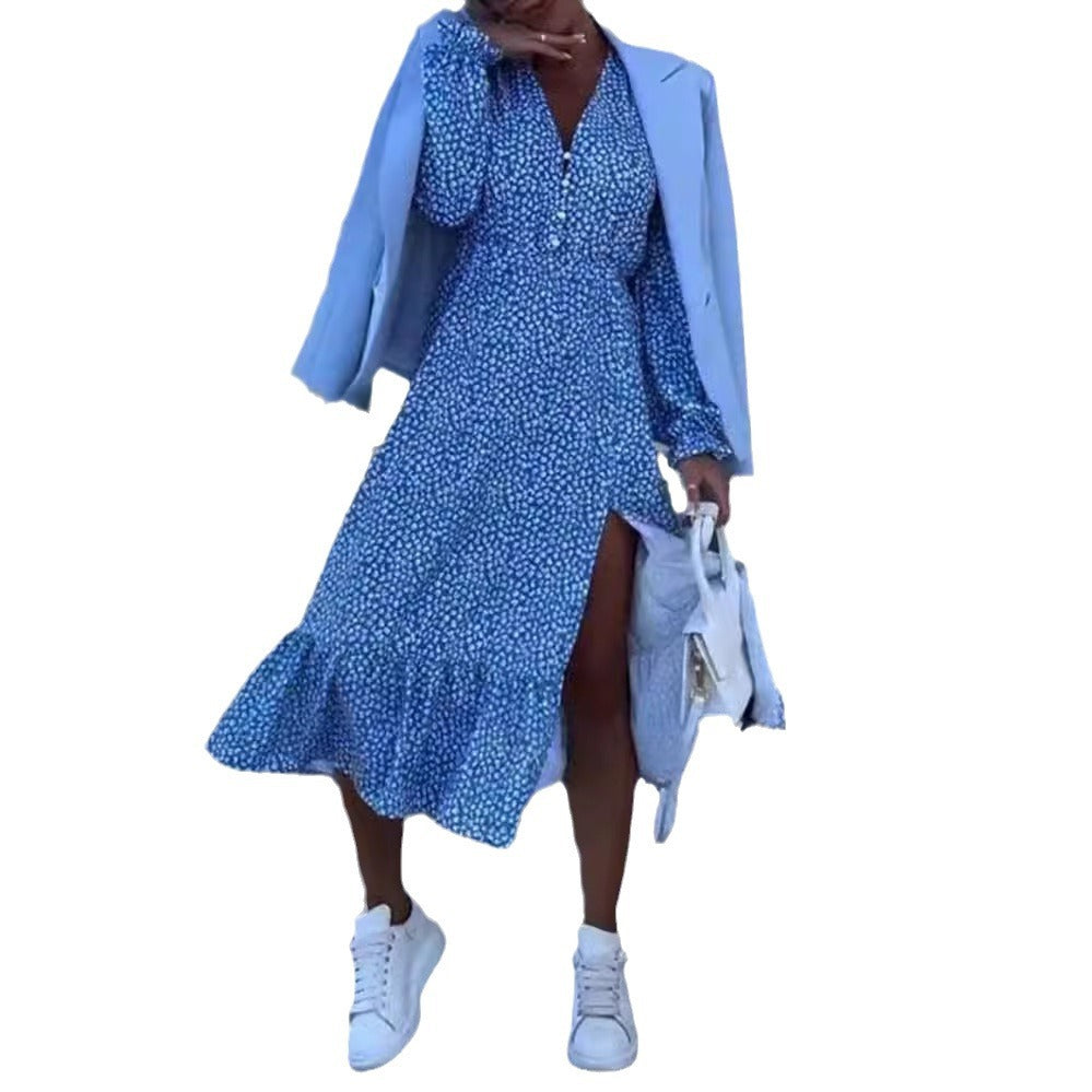 Women's viscose midi dress with V-neck, button placket, gathered waist insert, and asymmetrical ruffle Mune Fashion