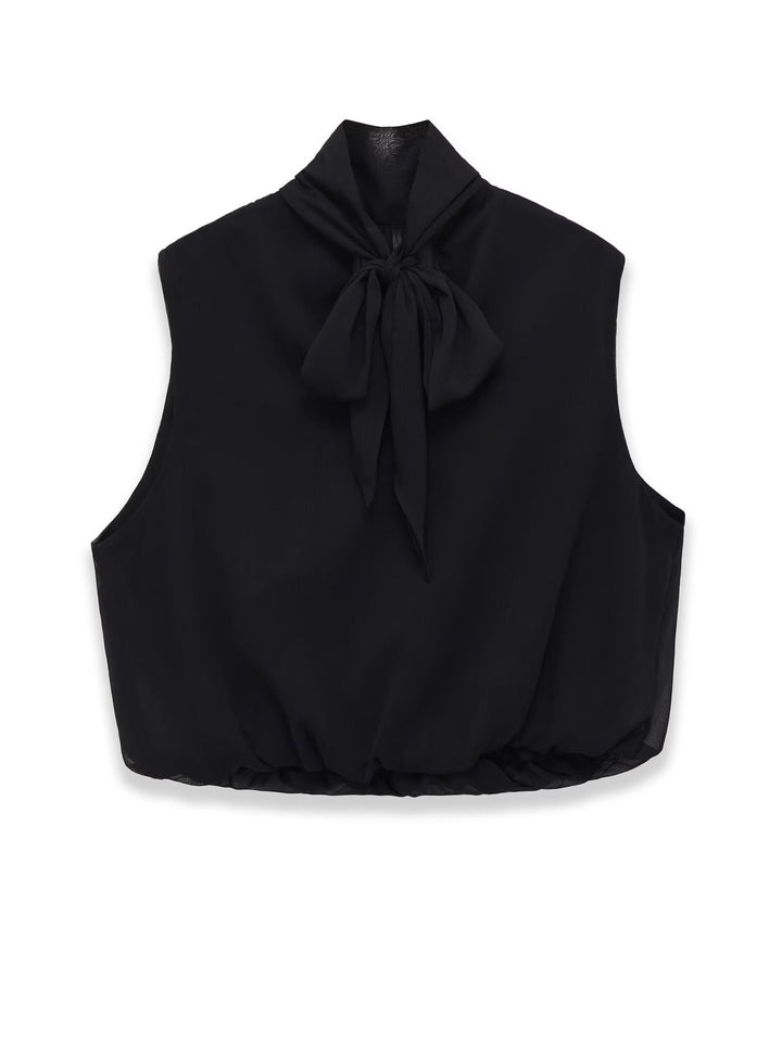 Women Sleeveless Chiffon Blouse with Bow Collar and Elastic Hem Mune Fashion