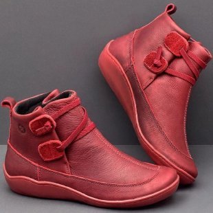 Women Ankle-Height Comfort Boots in Leather Look with Velcro Straps and Elastic Lacing Mune Fashion