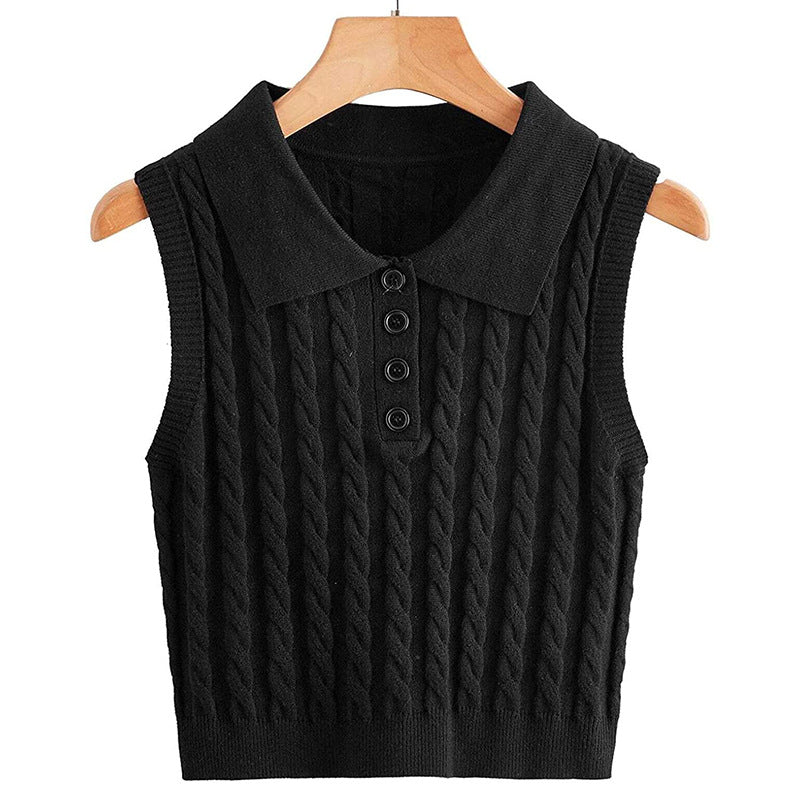 Ladies Sleeveless Knit Vest with Polo Collar and Cable Pattern Mune Fashion