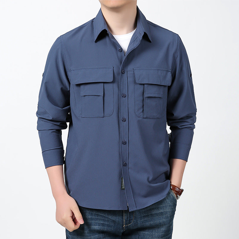 Men's lightweight field shirt with concealed button placket, two patch breast pockets and roll-up sleeves.