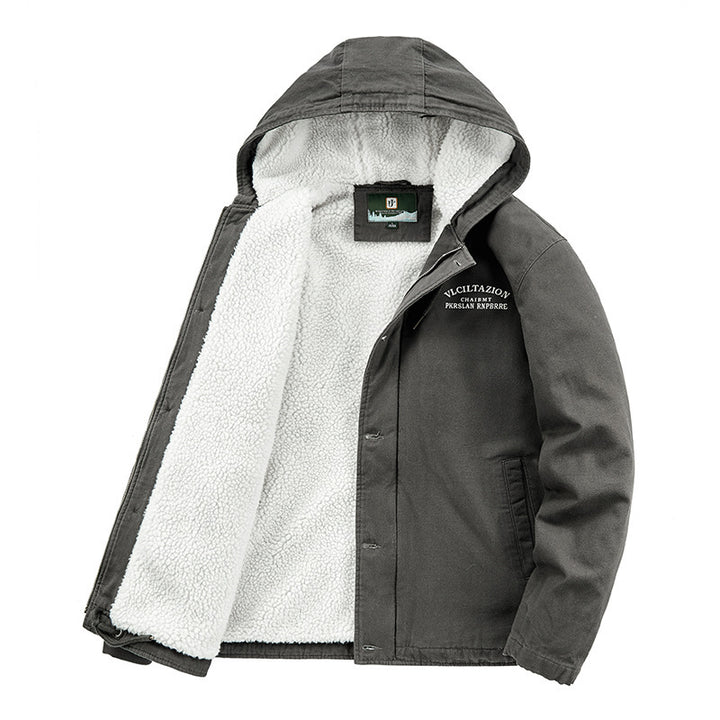 Men's Hooded Canvas Parka with Teddy Fleece Lining and Wind Protection Placket Mune Fashion