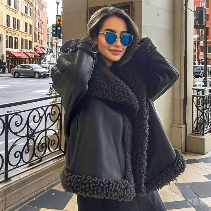 Women’s short-cut aviator leather jacket with teddy lining, large collar, and oversized silhouette Mune Fashion