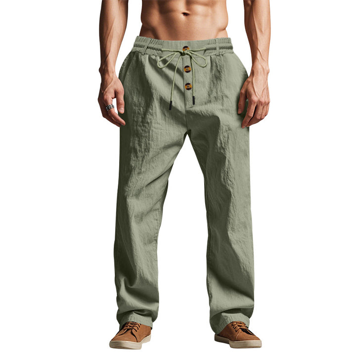 Men's relaxed pants in linen look with decorative button placket and drawstring waistband Mune Fashion