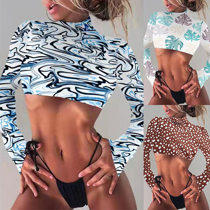 Women’s Crop Top with Long Sleeves and Exotic Leaf Pattern Mune Fashion