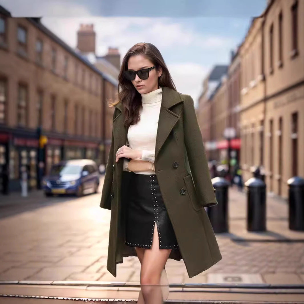 Women's Mid-Length Wool Blend Coat with Wide Lapels and Tailored Fit Mune Fashion