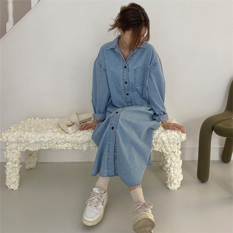 Women Oversized Denim Maxi Dress in Shirt Style with Chest Pocket and Full Button Placket Mune Fashion