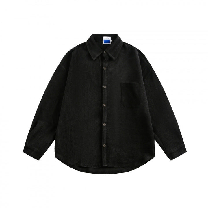 Unisex Oversized Velvet Shirt Jacket with Chest Pocket and Continuous Button Placket Mune Fashion