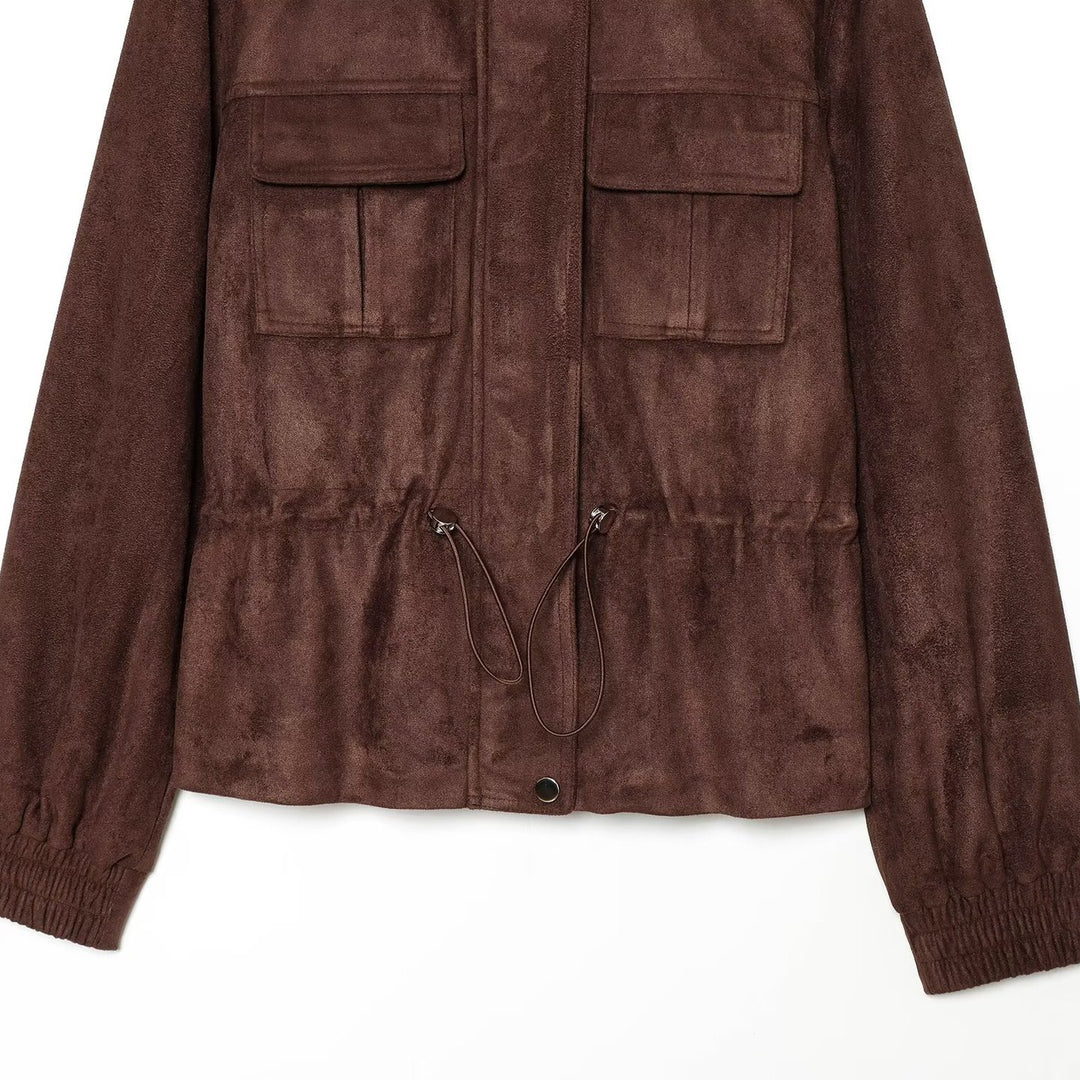 Ladies short jacket in field style made of suede leather look with stand-up collar, chest pockets, and drawstring Mune Fashion