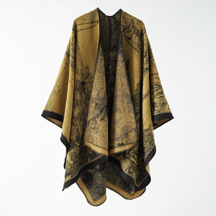 Women Oversize Ruana in boxy cape with jacquard woven structure and soft wool blend drape