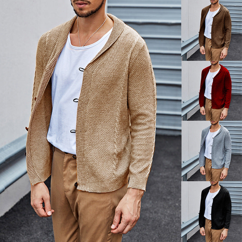 Men's fine knit cardigan with shawl collar, snap-hook closures, and textured knit Mune Fashion
