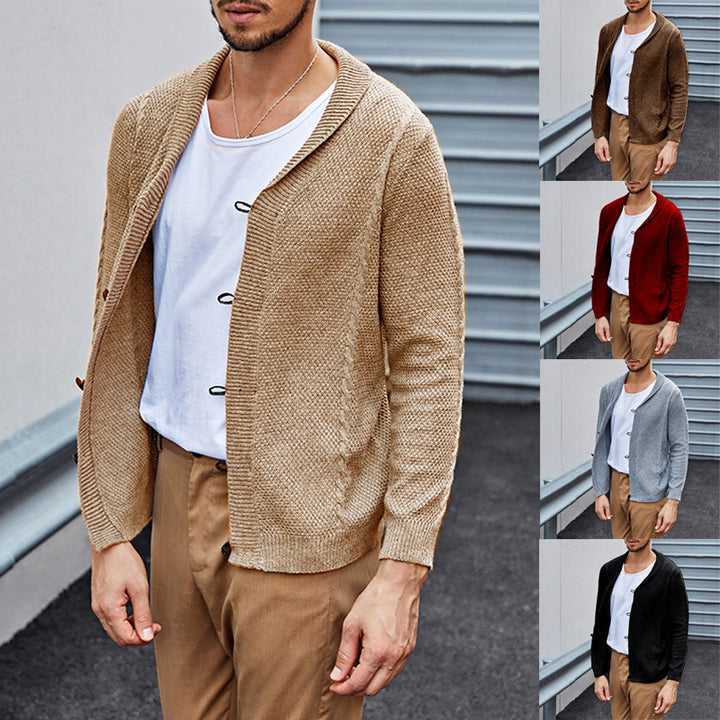 Men's fine knit cardigan with shawl collar, snap-hook closures, and textured knit Mune Fashion