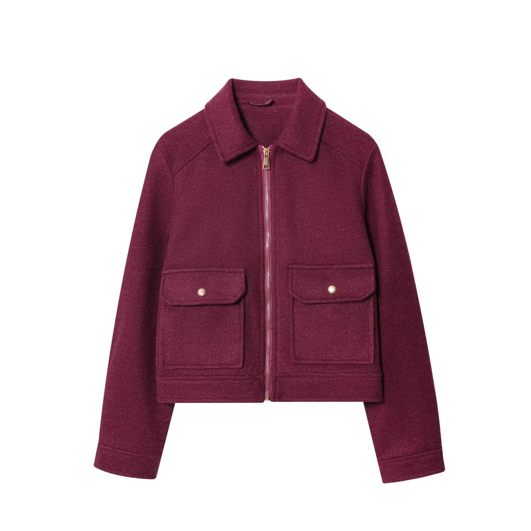 Women Short Boxy Jacket in Suede Look with Stand-up Collar, Zipper and Patch Pockets Mune Fashion