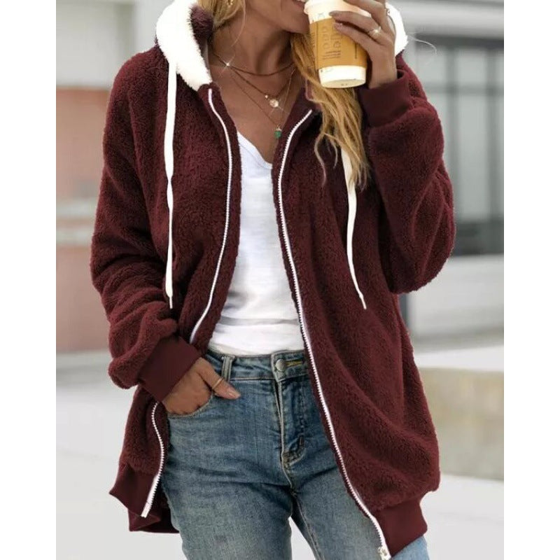 Women's Oversized Sherpa Zip Jacket with Contrast Collar, Ribbed Cuffs, and Drawstring Mune Fashion