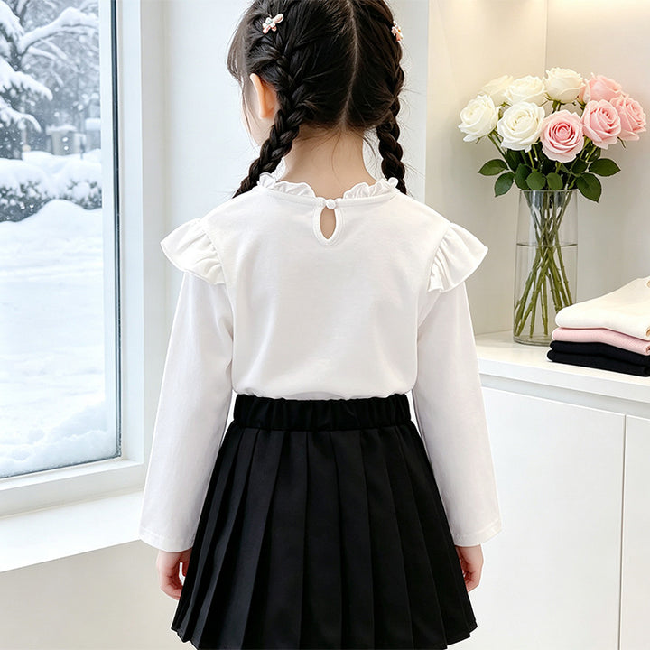 Girl Long Sleeve Shirt with Romantic Ruffle Design and Decorative Bow Motif Mune Fashion