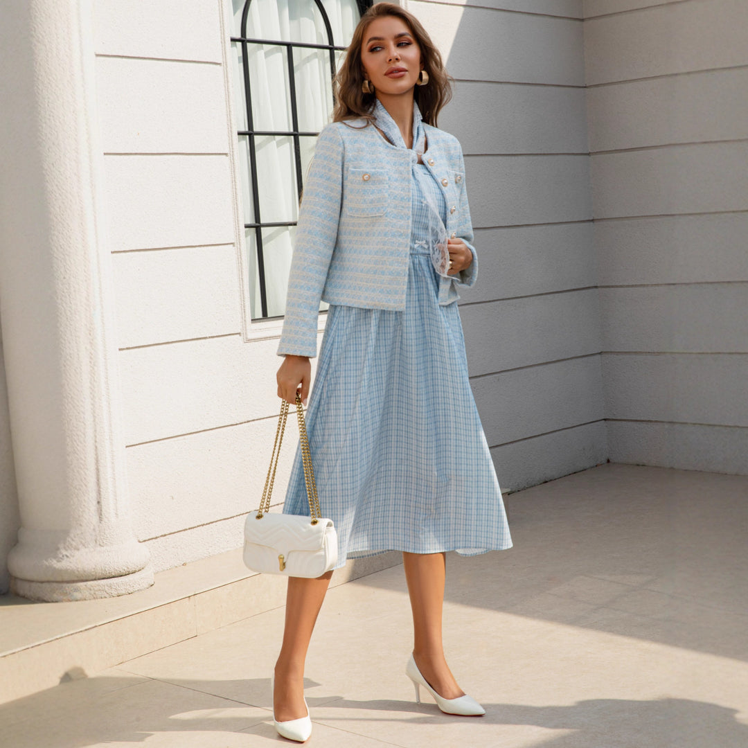 Women's Two-Piece Boucle Jacket Set with Fitted Gingham Midi Dress Mune Fashion