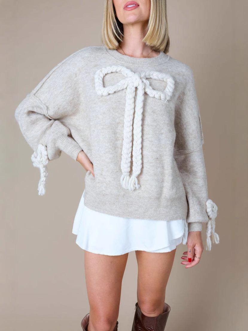 Ladies' Fashionable Sweater with Decorative Knot Design