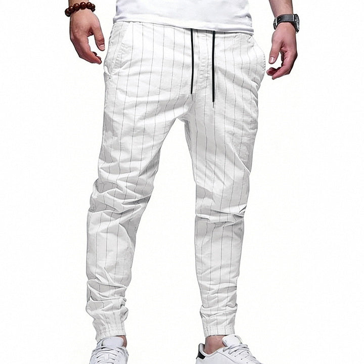Men's striped jogging pants in linen look with drawstring and narrow tapered cuffs Mune Fashion