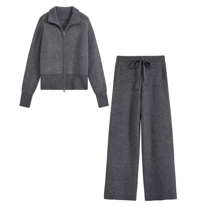 Women fine-structured knit set with zip cardigan and wide pants Mune Fashion