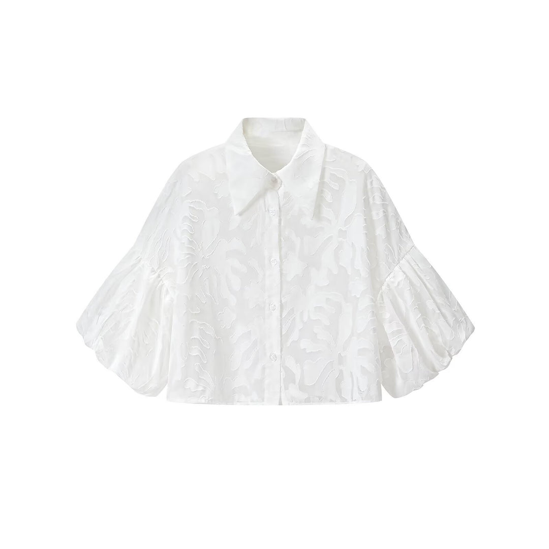 Women's Transparent Organza Blouse with Loose Fit, Volume Sleeves and Shirt Collar Mune Fashion