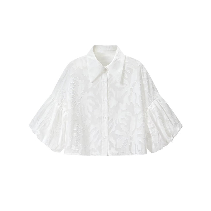 Women's Transparent Organza Blouse with Loose Fit, Volume Sleeves and Shirt Collar Mune Fashion