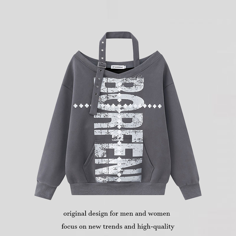 Women's oversized sweatshirt with asymmetrical strap, kangaroo pocket and large lettering Mune Fashion