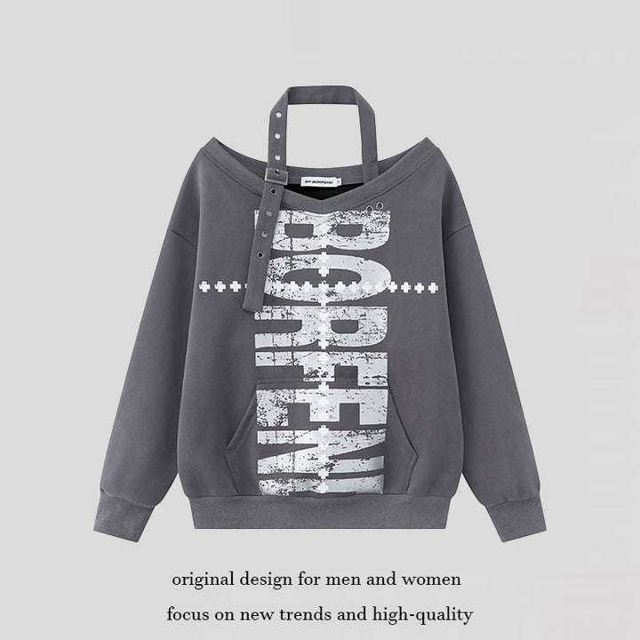 Women's oversized sweatshirt with asymmetrical strap, kangaroo pocket and large lettering Mune Fashion