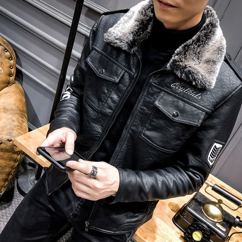 Men's biker leather jacket with faux fur collar and military badges Mune Fashion
