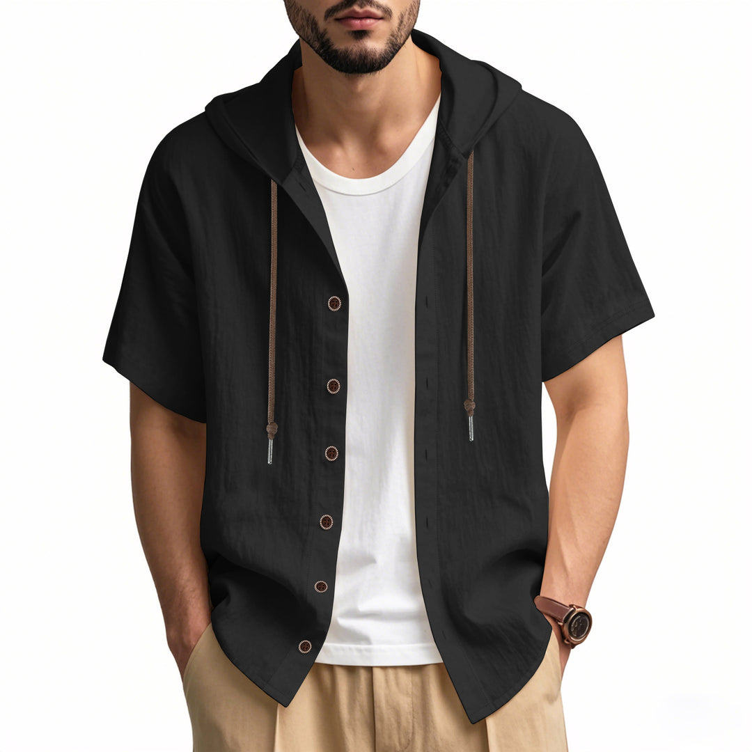 Men's breathable short sleeve hoodie made of linen blend with wooden button placket and drawstring Mune Fashion