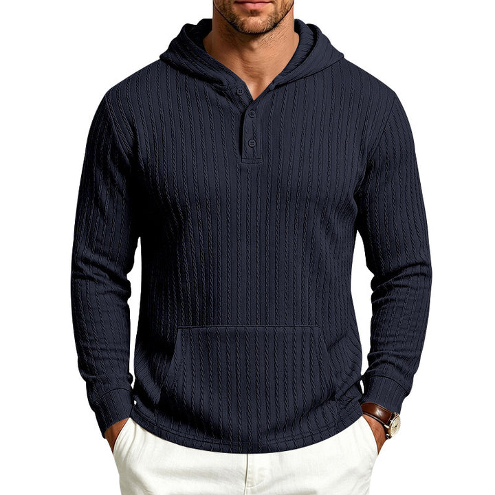 Men's Structured Hooded Henley Sweater with Kangaroo Pocket and Cable Knit Mune Fashion