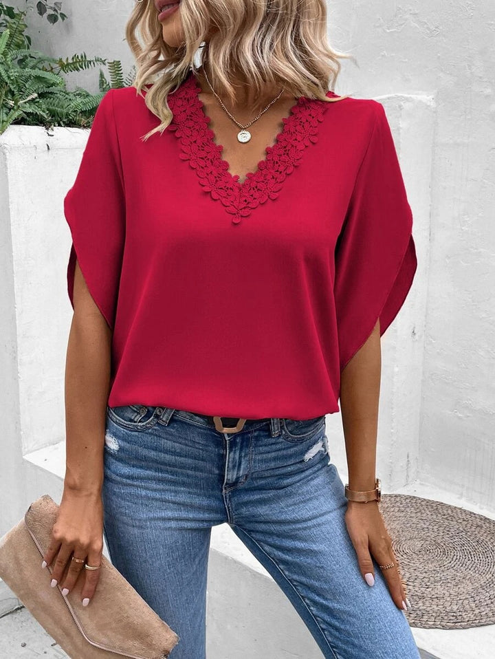 Women's Elegant V-neck Blouse with Floral Lace Edge and Batwing Sleeves Mune Fashion