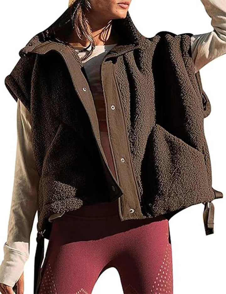 Women's Oversized Teddy Fleece Vest with Hood and Snap Buttons Mune Fashion