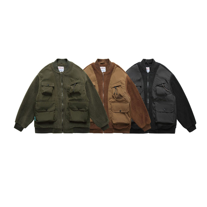 Men's Teddy Fleece Bomber Jacket with Utility Pockets and Nylon Inserts Mune Fashion