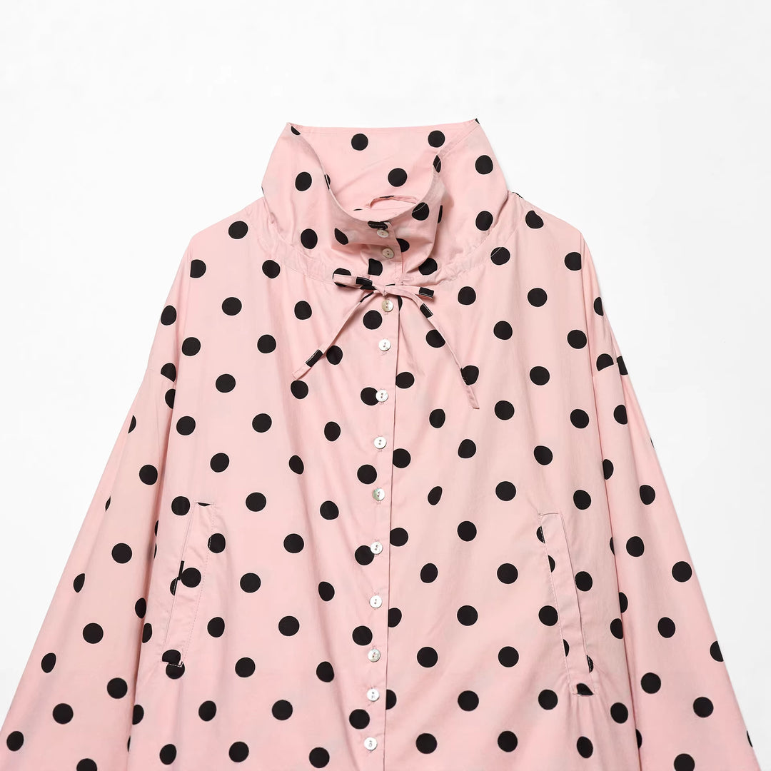 Women 70+ polka dot cropped transitional jacket with stand-up collar and drawstring Mune Fashion