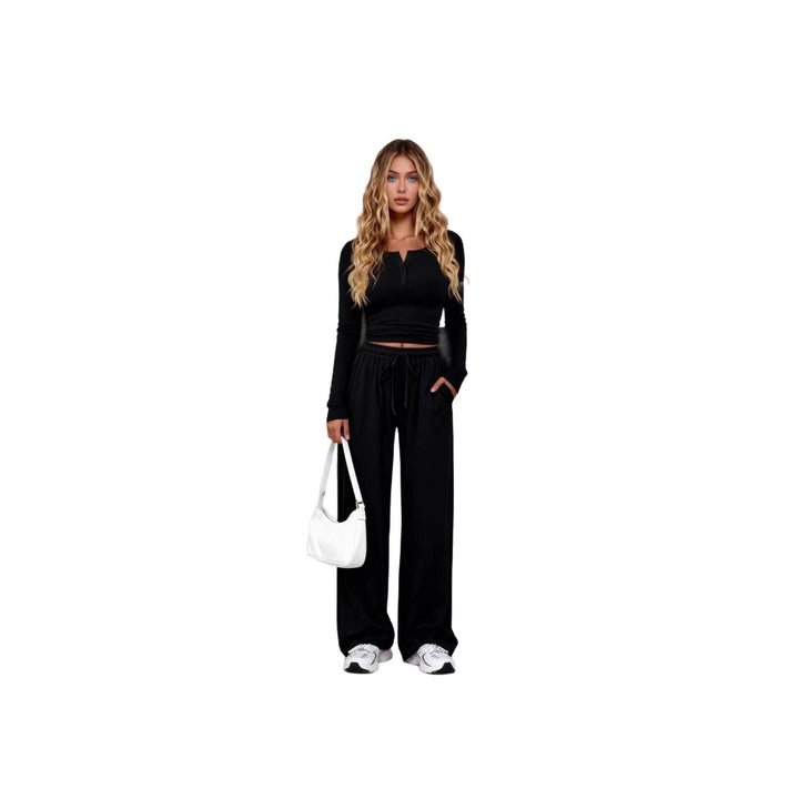 Women's nan lounge set made of fine knit with Henley top and wide palazzo pants Mune Fashion