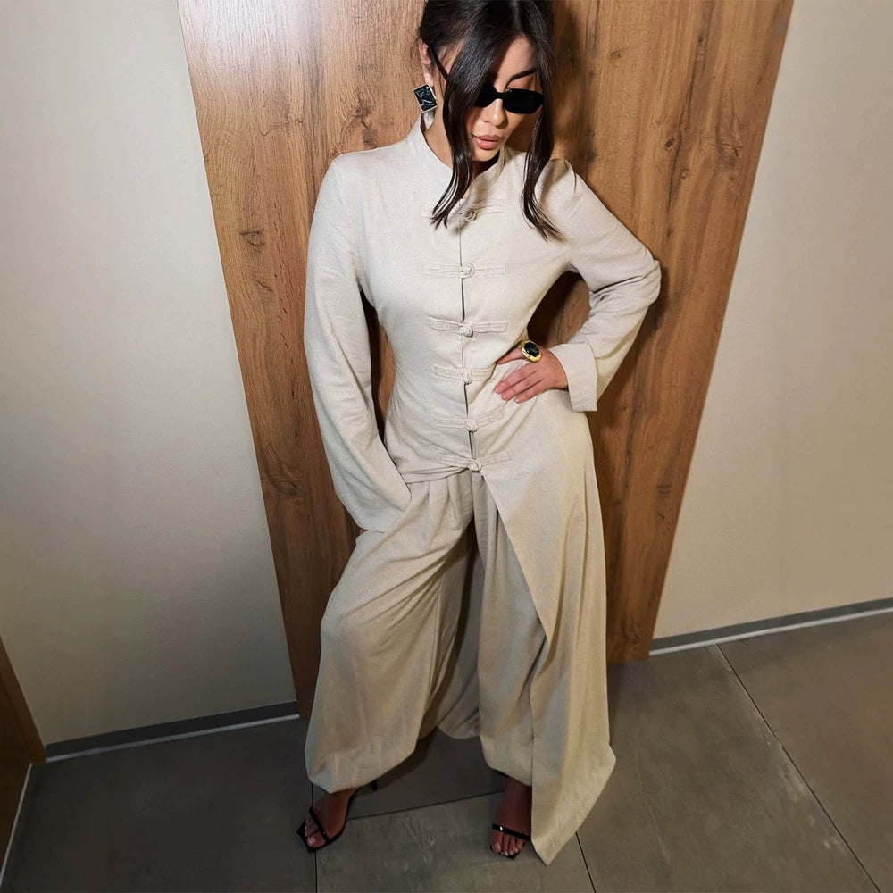 Ladies maxi dress with stand collar, mandarin button placket and draped skirt Mune Fashion
