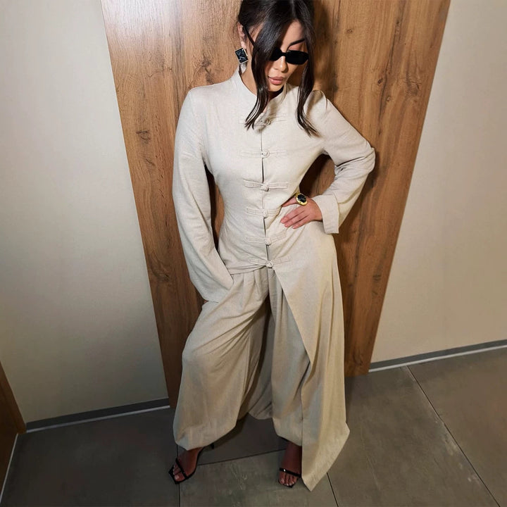 Ladies maxi dress with stand collar, mandarin button placket and draped skirt Mune Fashion