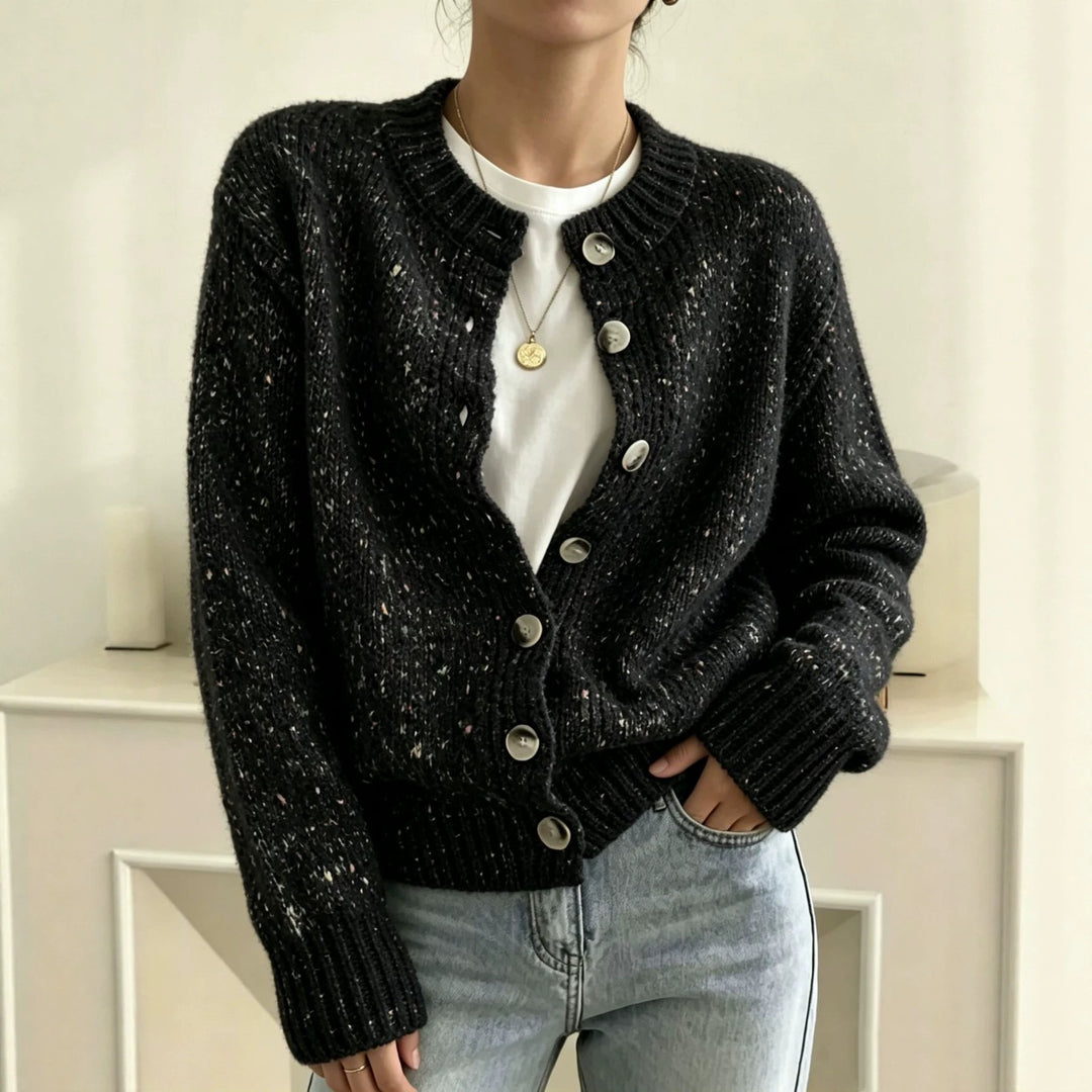 Women's chunky knit short cardigan with round neckline and marled tweed effect Mune Fashion