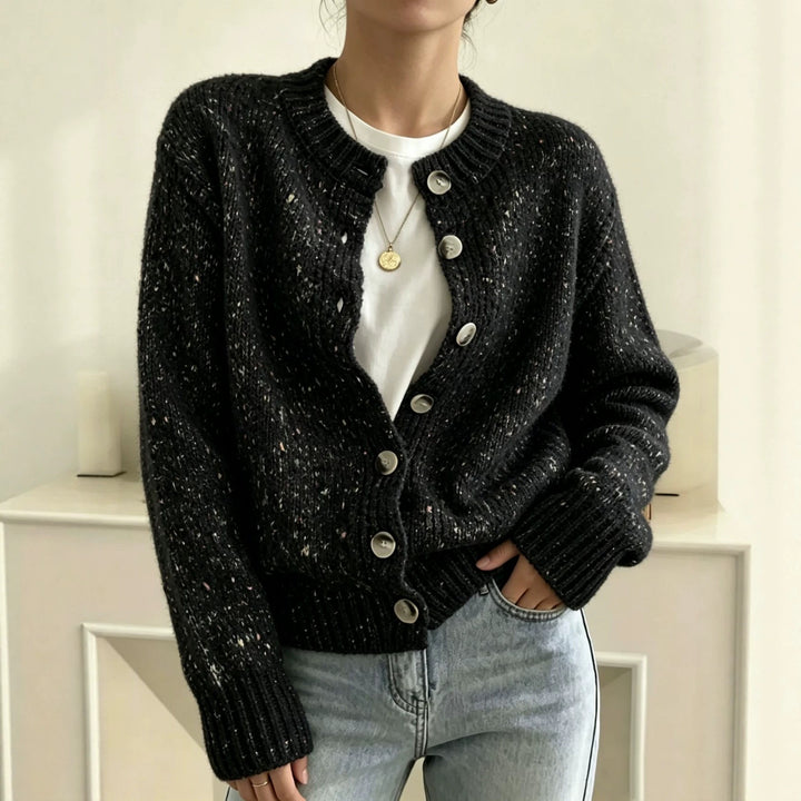 Women's chunky knit short cardigan with round neckline and marled tweed effect Mune Fashion
