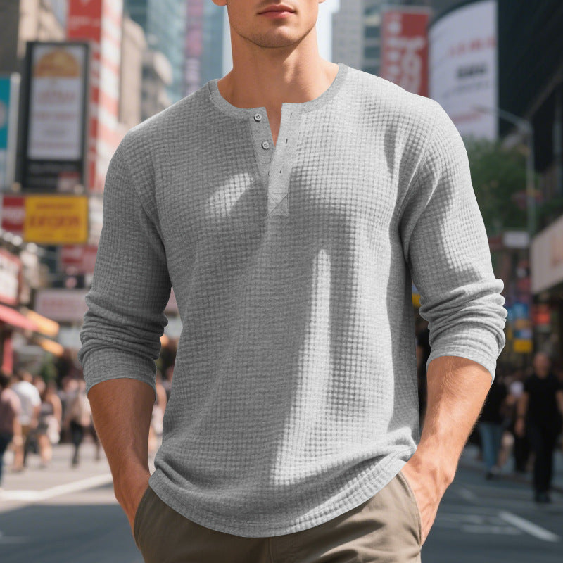 Men's Waffle Structure Henley Long Sleeve Shirt with Crew Neck, Multiple Button Placket and Relaxed Fit Mune Fashion