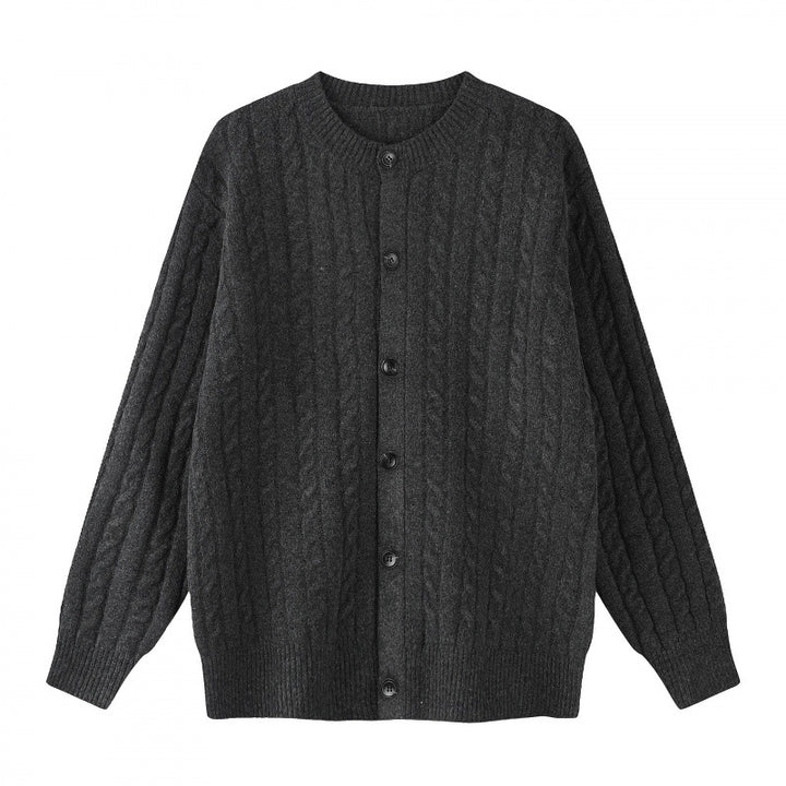 Women's Chunky Knit Cable Knit Cardigan with Button Placket and Round Neck Mune Fashion