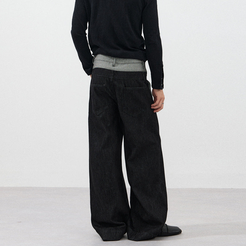 Men's Wide Cut Double-Breasted Denim Palazzo Trousers with Visible Button Placket Mune Fashion
